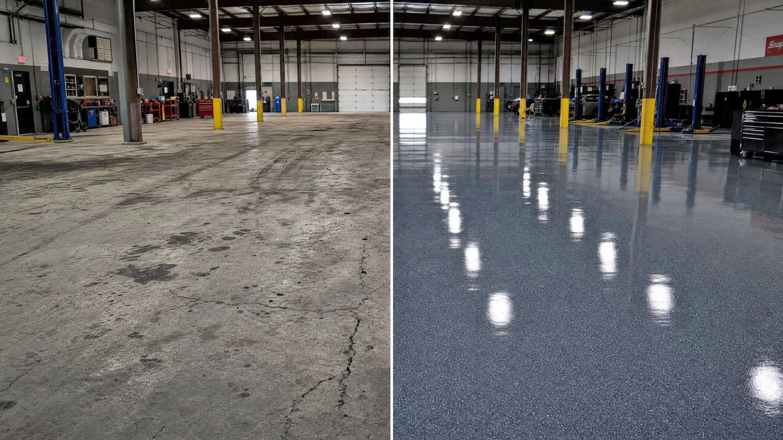 Commercial floor coating before and after — auto shop in Greensboro NC